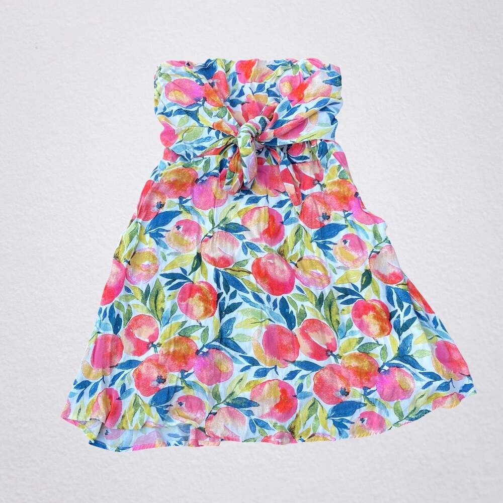 Watercolor peach print strapless flowy mini dress, fruit theme, coquette